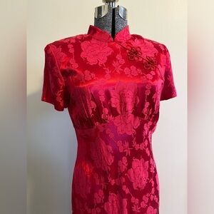 Vtg 90s Size 6 Cheongsam Asian Inspired Red Dress, Floral, Long